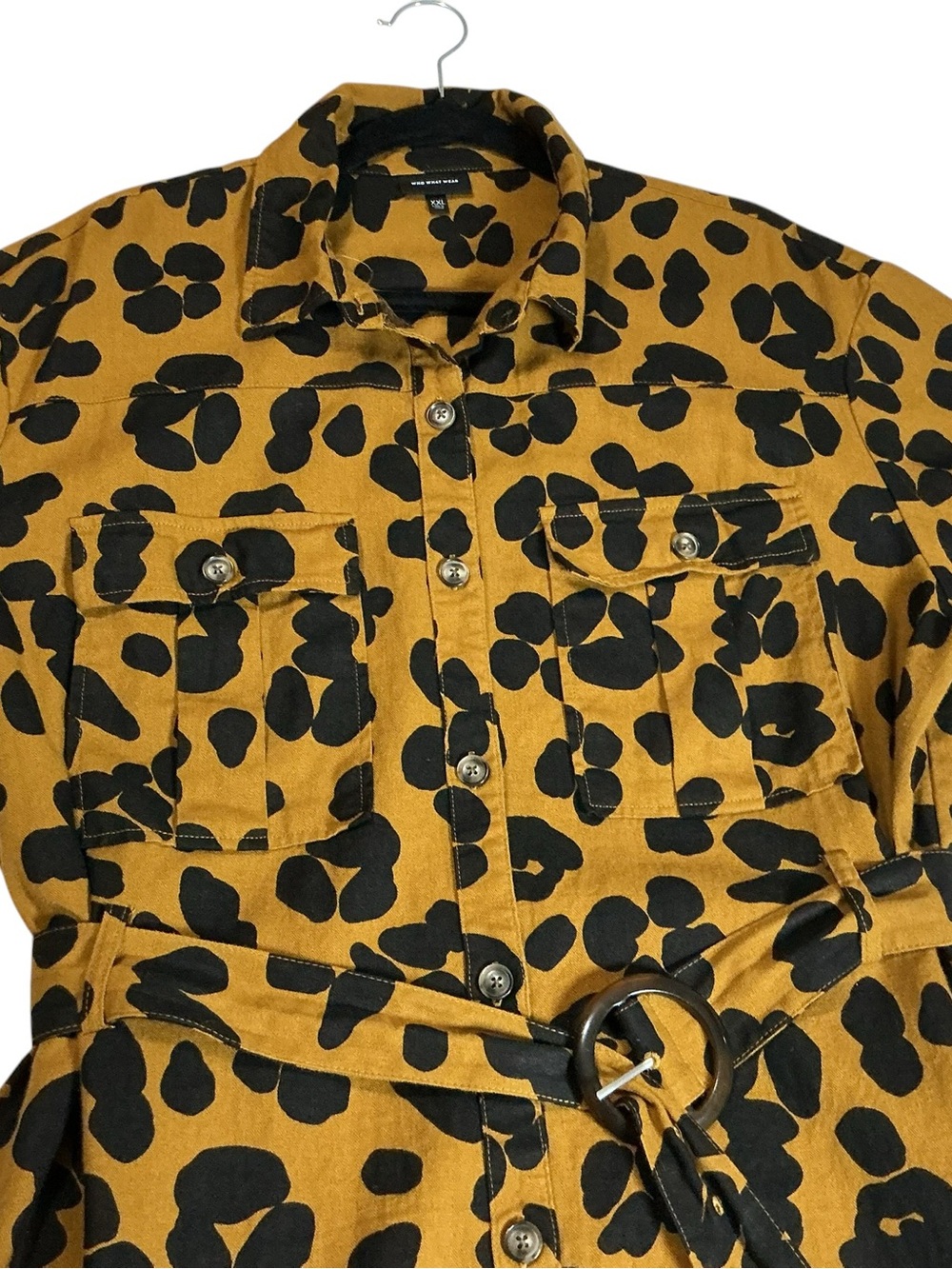 Who What Wear Linen Blend Midi Shirtdress XXL Mustard Tan Leopard Print Belted - Picture 6 of 13